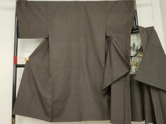 平和屋着物●男性　紬　アンサンブル　色無地　海松茶色　キングサイズ　正絹　逸品　AABE2737cs