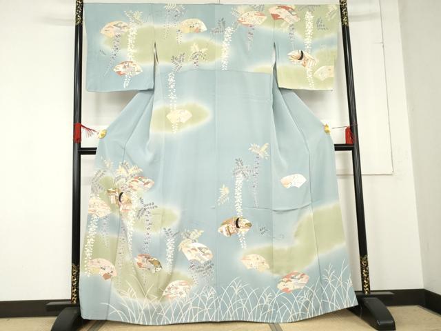 平和屋着物●訪問着　友禅　地紙人物風景花文　暈し染め　金彩　正絹　逸品　未使用　AABE2773cs