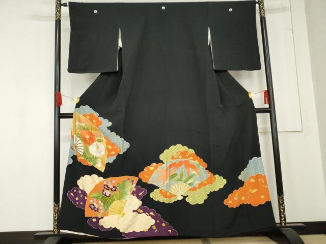 平和屋着物●京和工藝　友禅　黒留袖　駒刺繍　扇面草花文　金糸　金彩　正絹　逸品　AABE2784cs