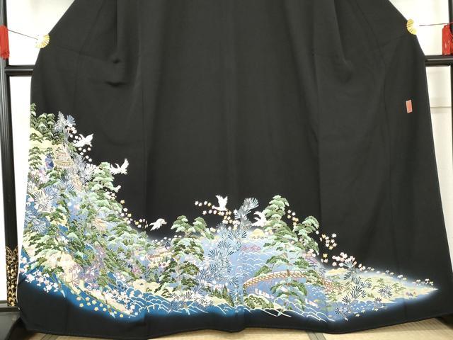 平和屋着物●本加賀友禅作家　江波秀明　黒留袖　飛鶴風景松文　暈し染め　さが美扱い　正絹　逸品　AABE2790cs
