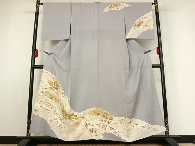 平和屋着物▽訪問着　単衣　駒刺繍　雪輪吉祥花文　桜鼠色地　金彩　正絹　逸品　AABE3372jh