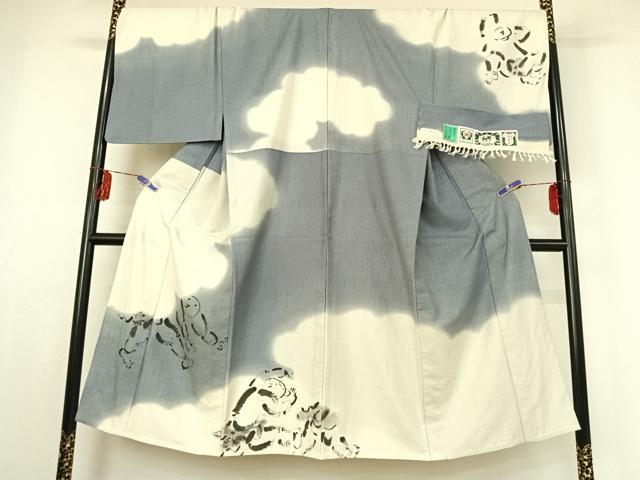 平和屋着物▽京の名門 友禅 染の北川 男性 結城紬 単衣 人物文 はたおり娘 暈し染め 証紙付き キングサイズ 正絹 逸品 AABE3374jh