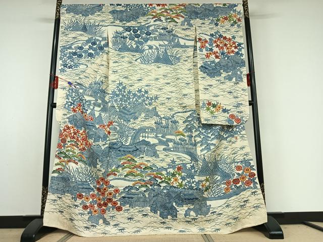 平和屋着物▽和染紅型　栗山紅型　栗山吉三郎　振袖　単衣　型染め　松竹梅風景文　高島屋扱い　正絹　逸品　AABE3383jh