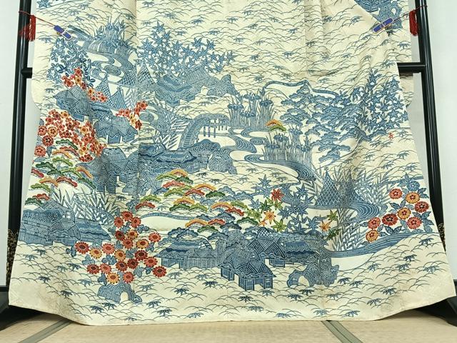 平和屋着物▽和染紅型　栗山紅型　栗山吉三郎　振袖　単衣　型染め　松竹梅風景文　高島屋扱い　正絹　逸品　AABE3383jh