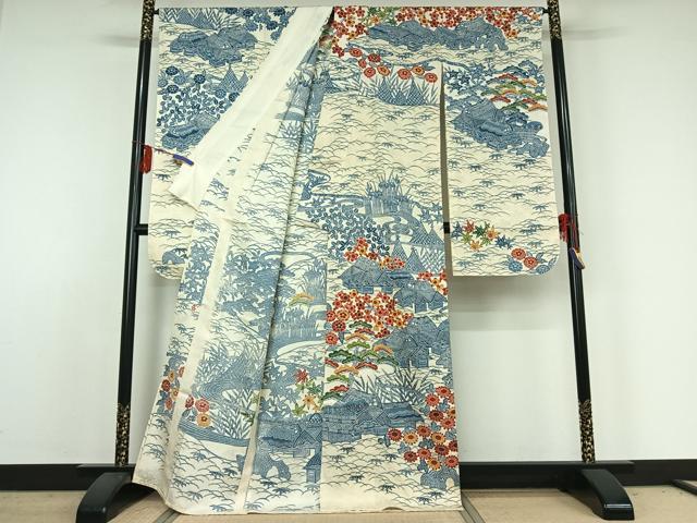 平和屋着物▽和染紅型　栗山紅型　栗山吉三郎　振袖　単衣　型染め　松竹梅風景文　高島屋扱い　正絹　逸品　AABE3383jh