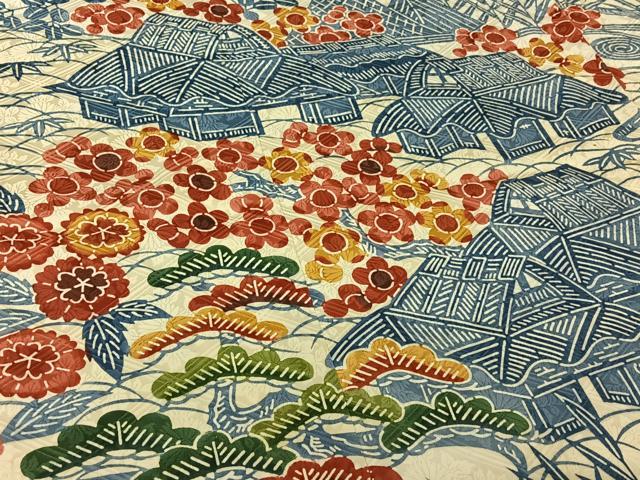 平和屋着物▽和染紅型　栗山紅型　栗山吉三郎　振袖　単衣　型染め　松竹梅風景文　高島屋扱い　正絹　逸品　AABE3383jh