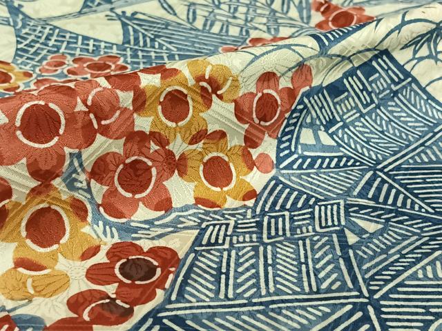 平和屋着物▽和染紅型　栗山紅型　栗山吉三郎　振袖　単衣　型染め　松竹梅風景文　高島屋扱い　正絹　逸品　AABE3383jh