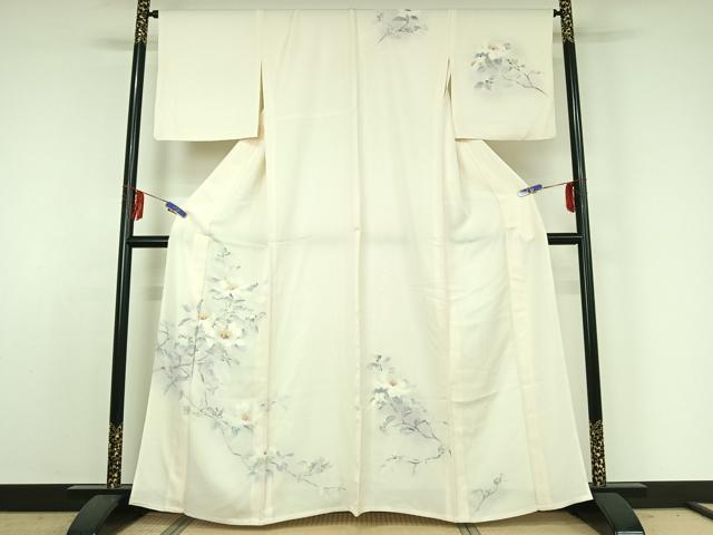 平和屋着物▽訪問着　単衣　手描き　刺繍　枝花文　暈し染め　正絹　逸品　AABE3392jh