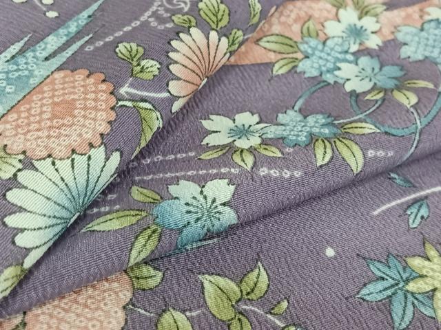 平和屋着物▽小紋　単衣　立波花文　洗える着物　AABE3393jh