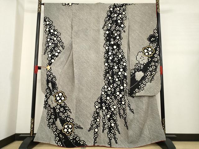 平和屋着物●豪華振袖　総絞り　駒刺繍　枝垂れ花文　黒地　正絹　逸品　AABE3405ck