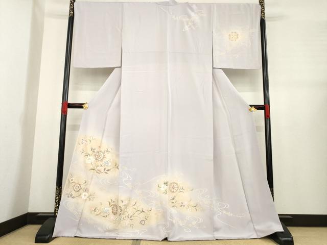 平和屋着物●訪問着　駒刺繍　流水花文　暈し染め　金彩　正絹　逸品　AABE3458ck