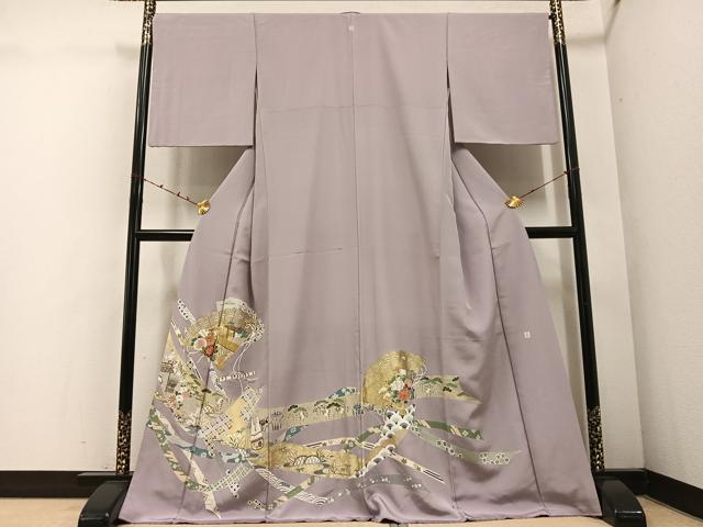 平和屋着物●豪華色留袖　友禅　作家物　駒刺繍　檜扇吉祥草花文　金彩　正絹　逸品　AABE3929ph
