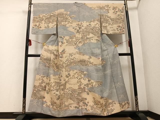 平和屋着物●染織の名門　しょうざん  生紬　訪問着　風景草花文　やまと誂製　正絹　逸品　AABE3938ph