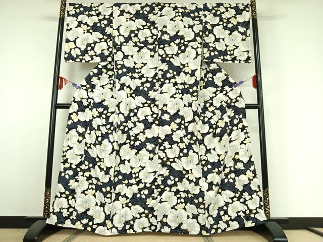 平和屋着物▽上質な小紋　単衣　胡蝶蘭　黒地　金彩　正絹　逸品　AABE4251jh