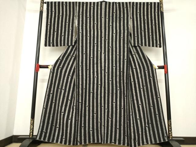 平和屋着物●上質な小紋　絞り　竹縞　黒地　正絹　逸品　AABE4450ck