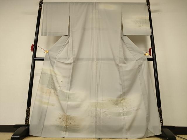 平和屋着物＊夏物　訪問着　絽　駒刺繍　草葉文　虫　暈し染め　銀彩　ロング丈　正絹　逸品　AABE4727jd