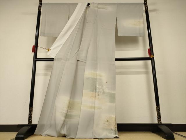 平和屋着物＊夏物　訪問着　絽　駒刺繍　草葉文　虫　暈し染め　銀彩　ロング丈　正絹　逸品　AABE4727jd_1