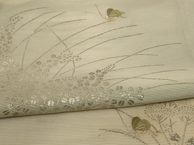 平和屋着物＊夏物　訪問着　絽　駒刺繍　草葉文　虫　暈し染め　銀彩　ロング丈　正絹　逸品　AABE4727jd_4