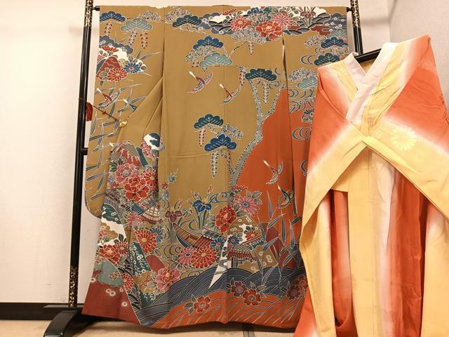 平和屋着物●紅型　振袖・長襦袢(無双仕立て)セット　風景草花文　正絹　逸品　AABE4872ph