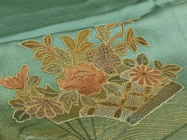 平和屋着物▽訪問着 単衣 中国三大刺繍 汕頭刺繍 スワトウ刺繍 扇面花