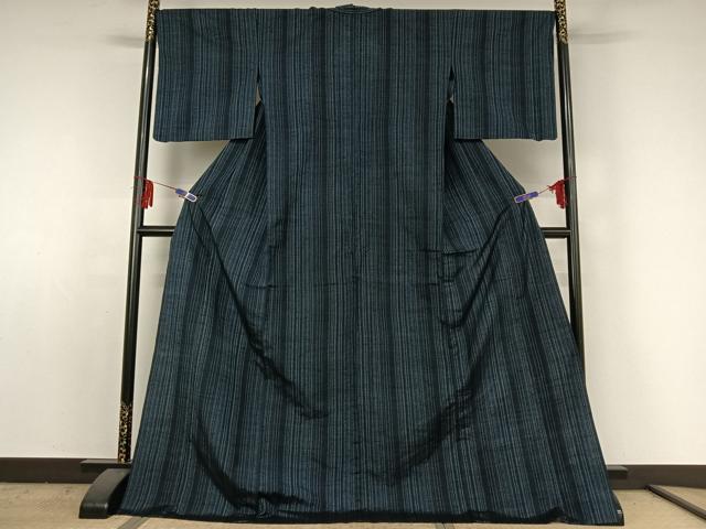 平和屋着物▽上質な紬　単衣　縞　ロング丈　正絹　逸品　AABE5179jh_1