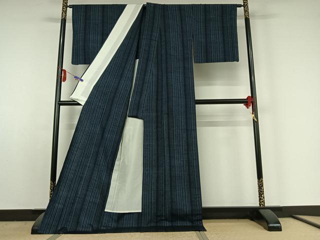 平和屋着物▽上質な紬　単衣　縞　ロング丈　正絹　逸品　AABE5179jh_2