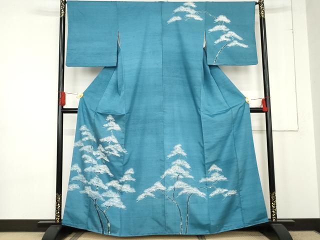 平和屋着物●訪問着　紬地　藍　枝松文　金彩　正絹　逸品　AABE5221cs