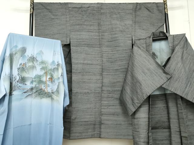 平和屋着物●男性　紬　アンサンブル　長襦袢(袷)セット　横段文　正絹　逸品　AABE5268cs