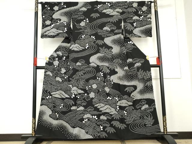 平和屋着物●訪問着　絞り　松竹梅風景文　黒地　正絹　逸品　AABE5276cs