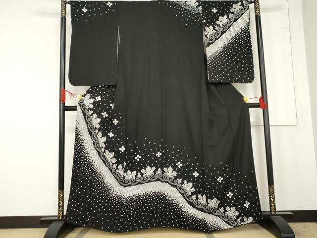 平和屋着物●訪問着　絞り　舞花文　黒地　正絹　逸品　AABE5339cs