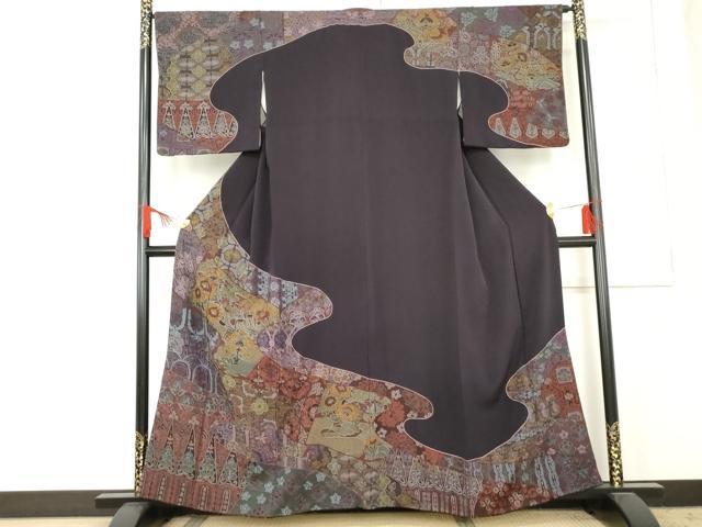 平和屋着物●訪問着　中国三大刺繍　汕頭刺繍　スワトウ刺繍　相良刺繍　吉祥更紗草花文　鬼しぼ縮緬　正絹　逸品　AABE5347cs