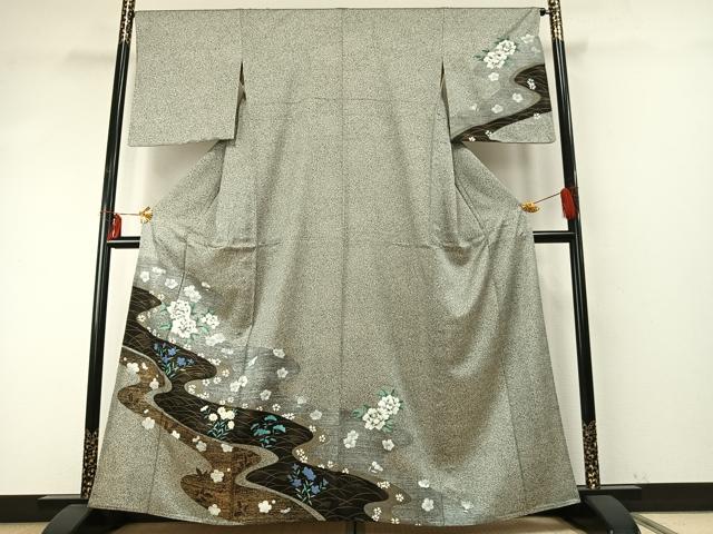 平和屋着物▽訪問着　単衣　流水花文　金彩　正絹　逸品　未使用　AABE5745fy