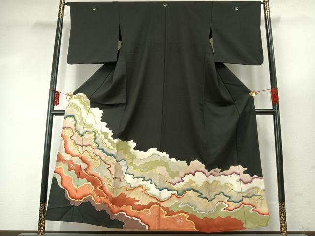平和屋着物▽豪華黒留袖　単衣　道長文　暈し染め　金糸　金銀彩　正絹　逸品　AABE5747fy
