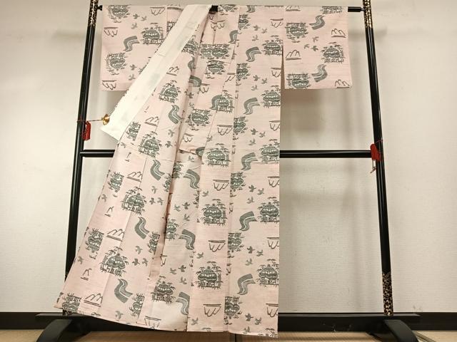 平和屋着物▽上質な紬　単衣　風景文　正絹　逸品　AABE5776fy_2