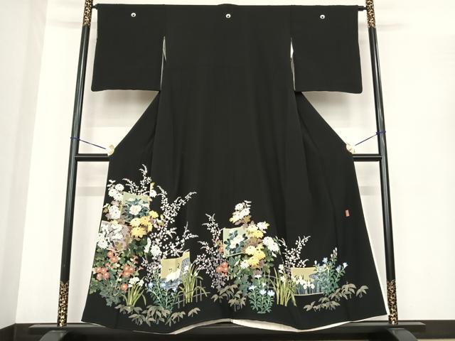 平和屋着物○十日町友禅作家 阿部佳雪 黒留袖 色紙花鳥文 正絹 逸品 