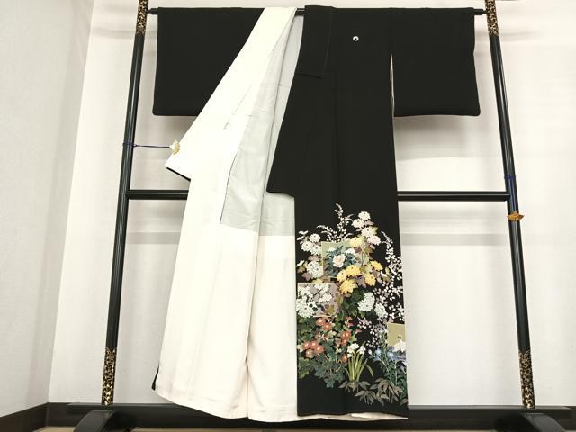 平和屋着物○十日町友禅作家 阿部佳雪 黒留袖 色紙花鳥文 正絹 逸品