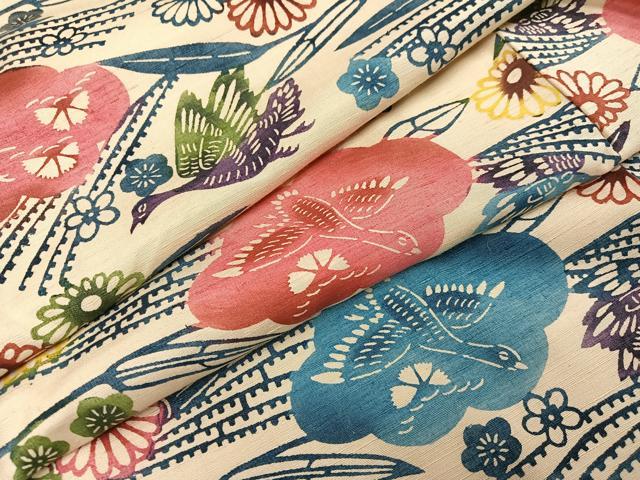 平和屋着物●上質な小紋　紅型　紬地　群れ鶴草花文　正絹　逸品　AABE5910ph