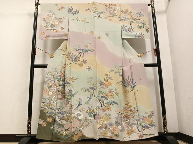 平和屋着物●十日町　加賀草木友禅の第一人者　田村哲彦　訪問着　花鳥文　正絹　逸品　AABE5918ph