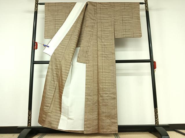 平和屋着物▽上質な紬　単衣　縞　正絹　逸品　AABE6684jh_2