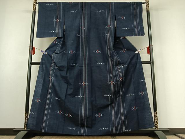 平和屋着物▽上質な紬　単衣　幾何学文様　正絹　逸品　AABE6843jh_1