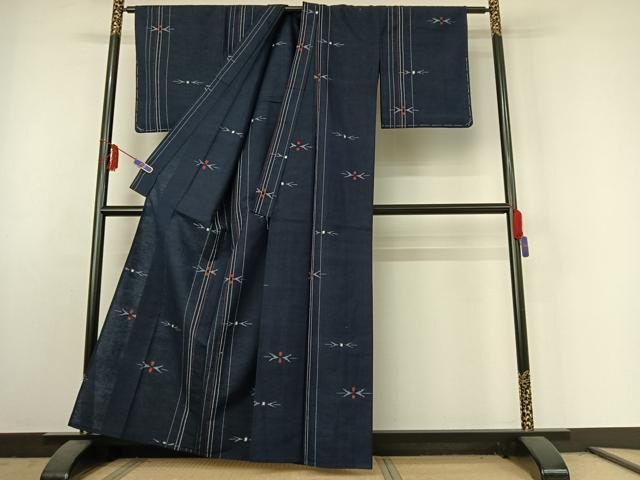 平和屋着物▽上質な紬　単衣　幾何学文様　正絹　逸品　AABE6843jh_2