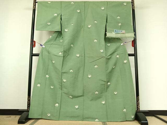 平和屋着物▽上質な紬　単衣　草花文　反端付き　正絹　逸品　AABE6850jh_1