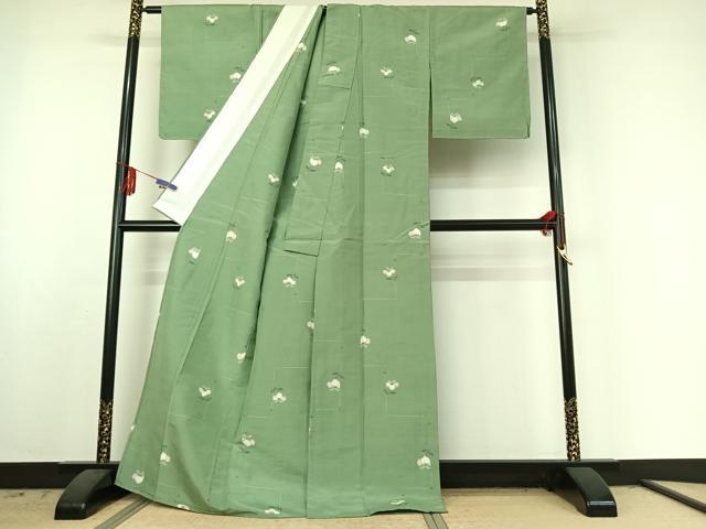 平和屋着物▽上質な紬　単衣　草花文　反端付き　正絹　逸品　AABE6850jh_2