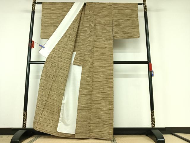 平和屋着物▽上質な紬　単衣　横段文　正絹　逸品　AABE6854jh_2