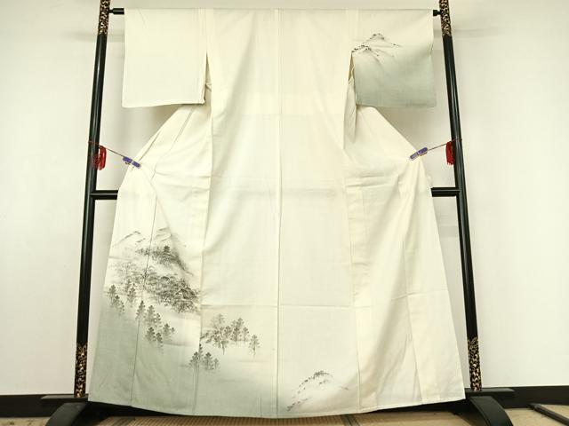 平和屋着物▽訪問着　単衣　紬地　手描き　風景文　正絹　逸品　AABE6878jh
