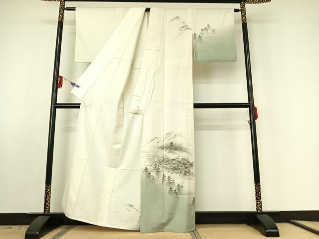 平和屋着物▽訪問着　単衣　紬地　手描き　風景文　正絹　逸品　AABE6878jh_1