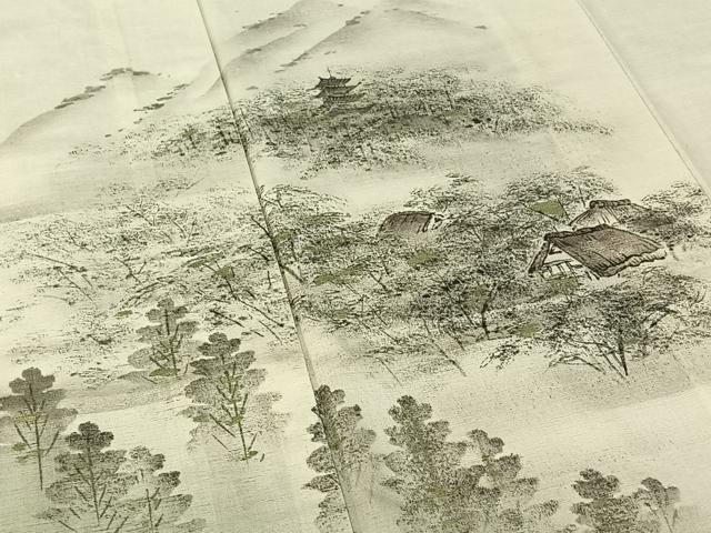 平和屋着物▽訪問着　単衣　紬地　手描き　風景文　正絹　逸品　AABE6878jh_3