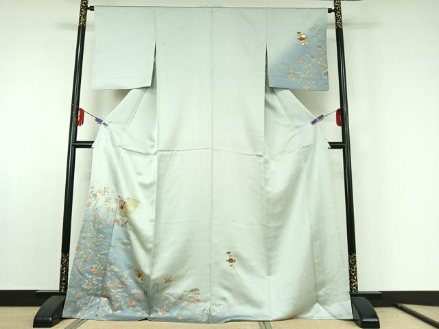 平和屋着物▽訪問着　単衣　刺繍　草花文　暈し染め　金銀彩　金糸　ロング丈　正絹　逸品　AABE6892jh 平和屋着物▽訪問着 単衣 刺繍 草花文 暈し染め 金銀彩 金糸 ロング丈