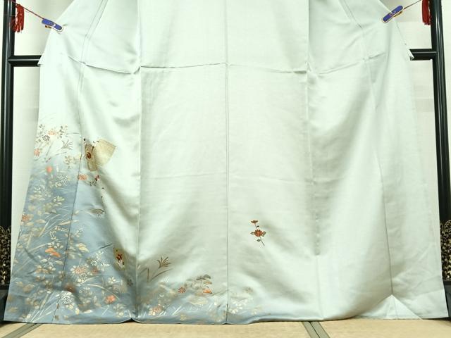 平和屋着物▽訪問着　単衣　刺繍　草花文　暈し染め　金銀彩　金糸　ロング丈　正絹　逸品　AABE6892jh 平和屋着物▽訪問着 単衣 刺繍 草花文 暈し染め 金銀彩 金糸 ロング丈