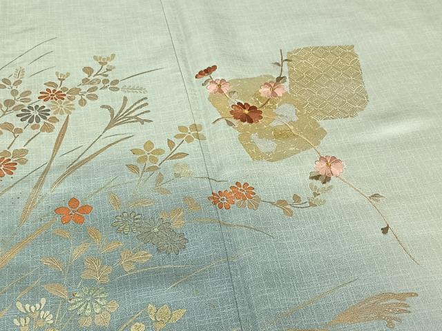 平和屋着物▽訪問着　単衣　刺繍　草花文　暈し染め　金銀彩　金糸　ロング丈　正絹　逸品　AABE6892jh 平和屋着物▽訪問着 単衣 刺繍 草花文 暈し染め 金銀彩 金糸 ロング丈